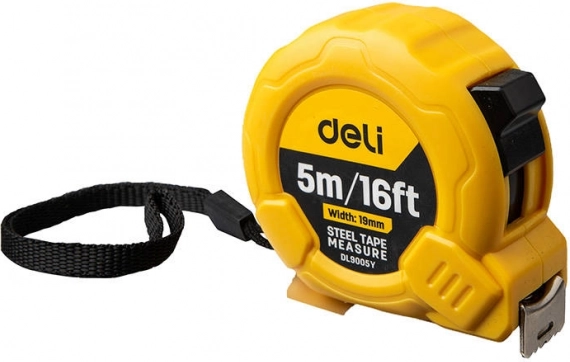 Rolmaat met veer Deli 5 m/19 mm geel