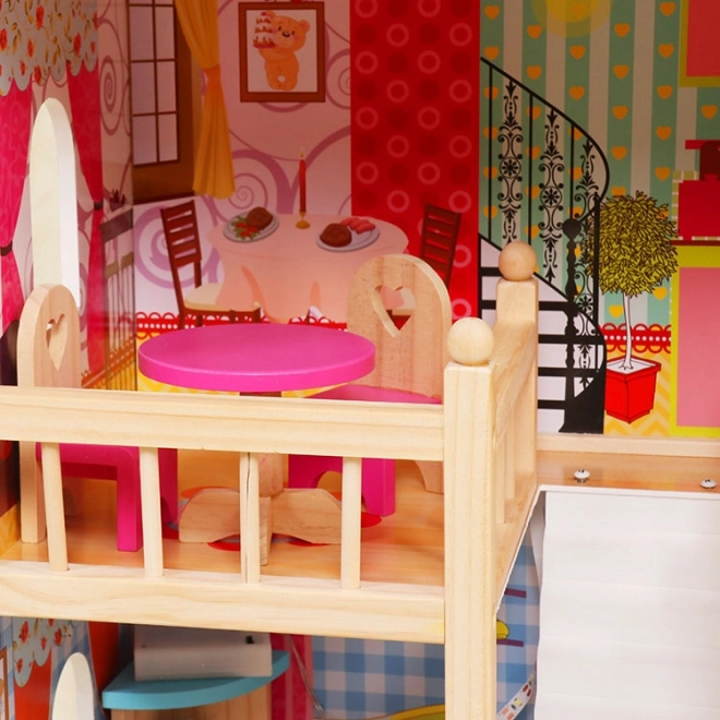 Houten poppenhuis, meubels, zwembad + verlichting ECOTOYS