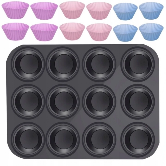 Moule à muffins en téflon avec 12 caissettes en silicone