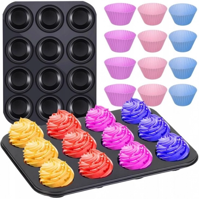 Moule à muffins en téflon avec 12 caissettes en silicone