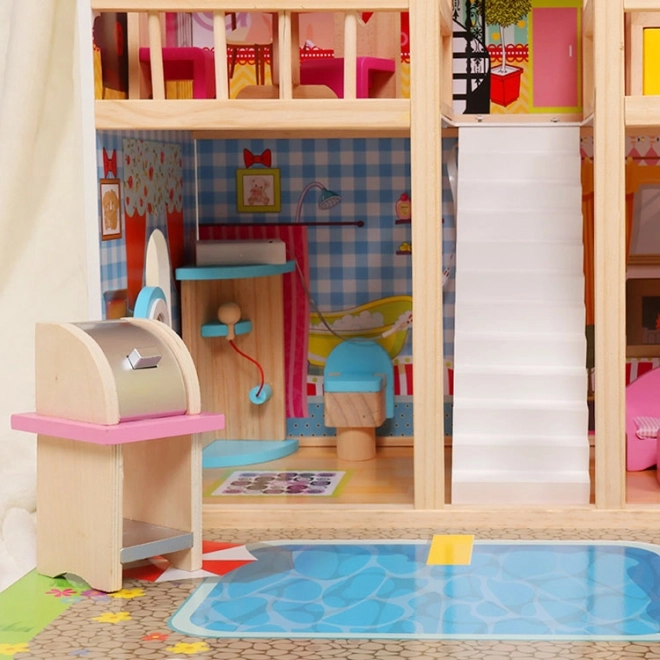 Houten poppenhuis, meubels, zwembad + verlichting ECOTOYS