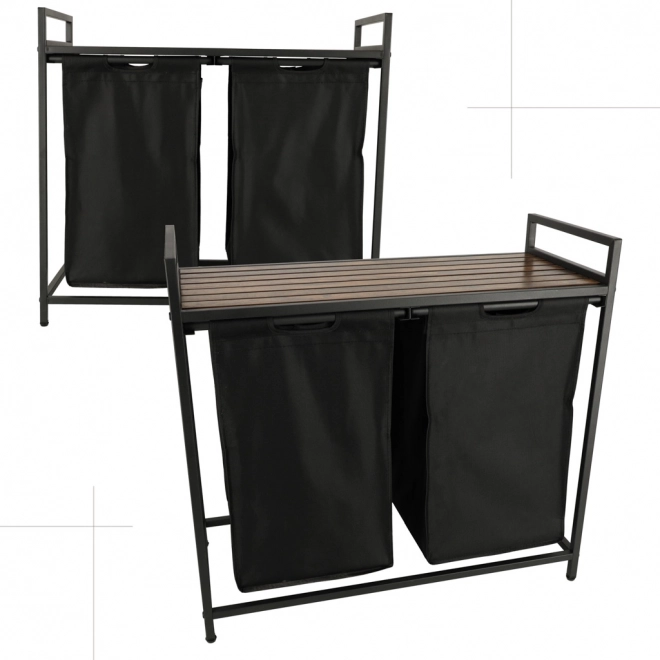 Dubbele wasmand met houten plank zwart Loft
