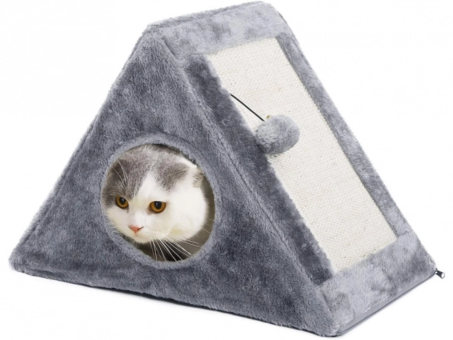 Driehoekig krabmeubel en huis voor katten met balletje