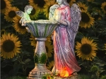 Ange solaire de jardin avec bain d’oiseaux et éclairage LED RVB