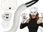 Ruhhy Katzen-/Fuchs-/Wolfkostüm (Maske, Schwanz, Pfoten) weiß - 1 Stück