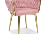 Chaise glamour en velours rose poudré avec pieds dorés et revêtement tressé