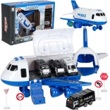 police airplane transporter with 3 cars and traffic signs