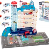 Multi-level parking garage for toy cars with electric elevator, 5 levels + play mat and 8 cars