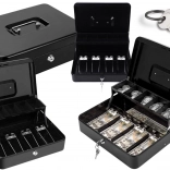 Black metal cash box for banknotes and coins