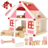 Wooden pink dollhouse with furniture 36 cm