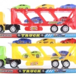 Friction-powered car transporter with 5 toy cars, plastic