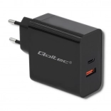 Ladegerät Qoltec 63W mit USB-C PD und USB QC 3.0 schwarz