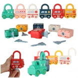 Montessori set of lockable toy cars with keys – train and vehicles, 13 pieces