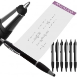 Set of 6 ballpoint pens with pull-out note card and stylus, black and blue