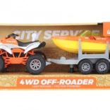 Battery-operated quad bike with trailer and boat for kids