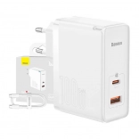 Baseus GaN5 Pro 100W Ladegerät mit USB‑C und USB + 1 m Kabel, Weiß