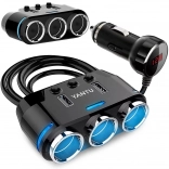 Car splitter with 3 cigarette lighter sockets and 2 USB, voltmeter