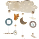 Hanging mobile teddy bear from natural wood